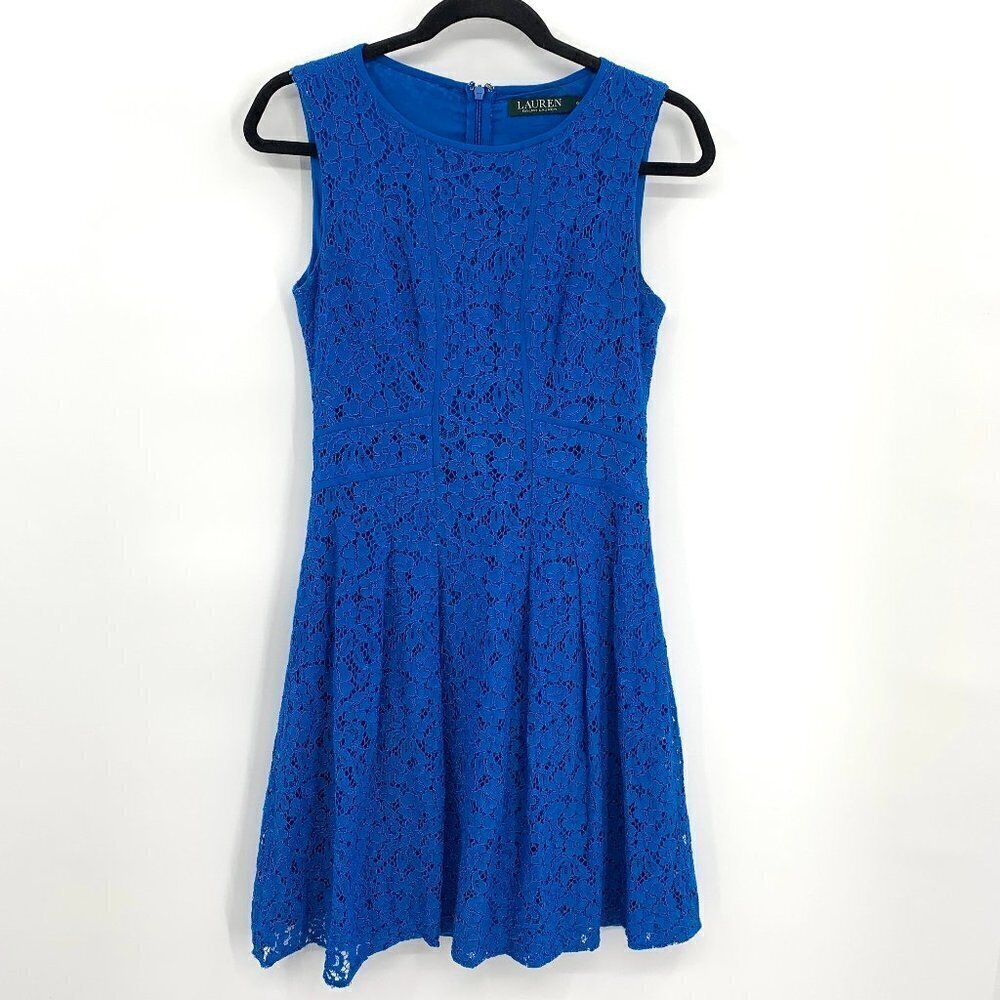 LAUREN RALPH LAUREN Blue Lace Pleated Fit & Flare Sleeveless Mini Dress Size 0